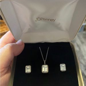 Diamond & Genuine Blue Aquamarine 14K White Gold Pendant Necklace & Earrings Set